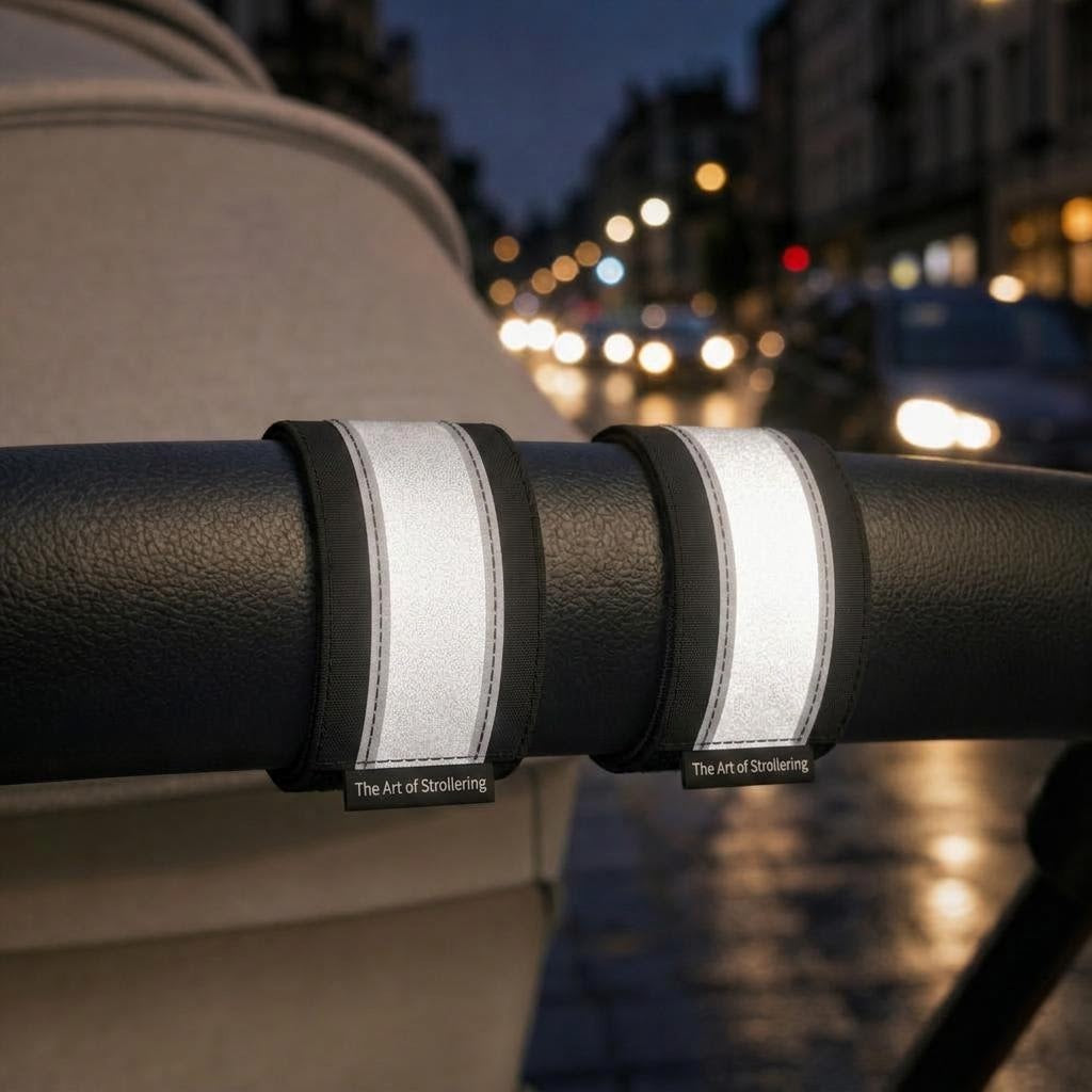 Reflective Stroller Bands glowing on a stroller handlebar at night